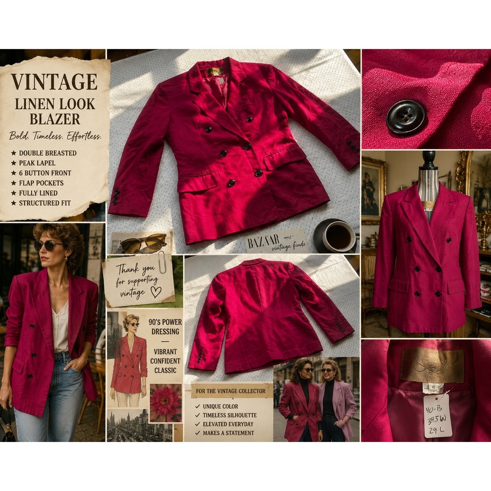 Vintage Saville Fuchsia Pink Linen Look Double Breasted Blazer 6 90s Power Suit
